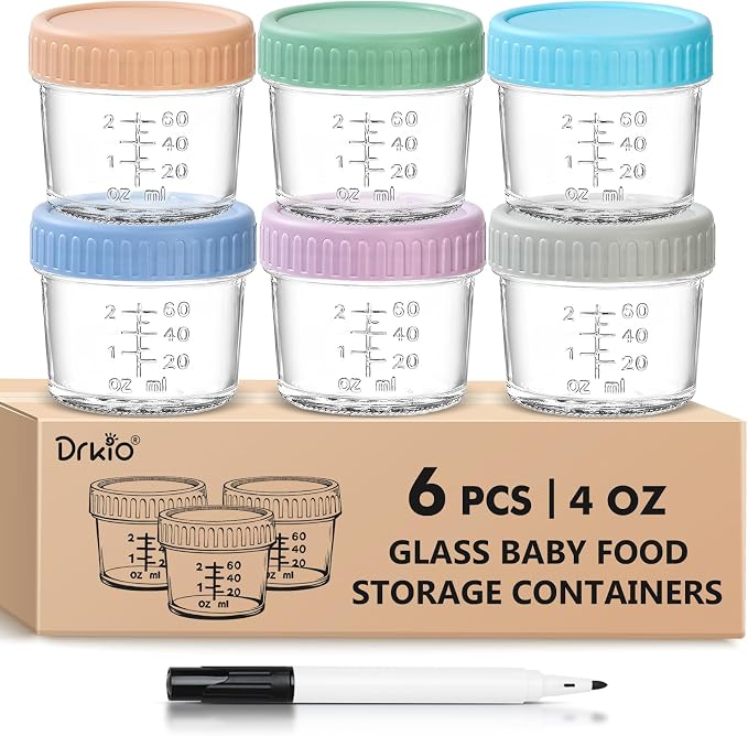 DRKIO 6 Pack Glass Baby Food Storage Containers - 4 Oz Baby Food Jars by DRKIO
