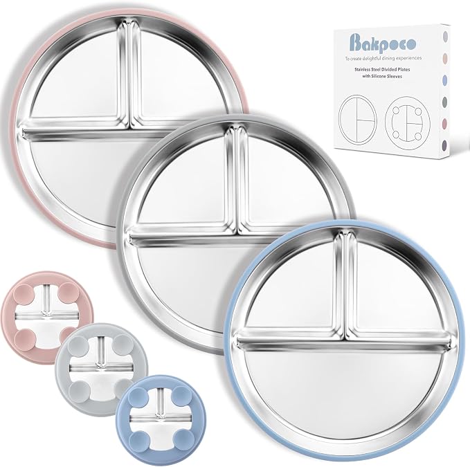 Stainless Steel Suction Plates for Toddlers, Non Toxic Non Slip Portion Control by Bakpoco