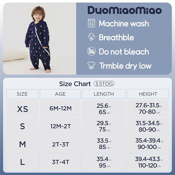Duomiaomiao 3.5 TOG Toddler Sleep Sack 2-3T 100% Cotton Winter Side Open Zipper - Image 6