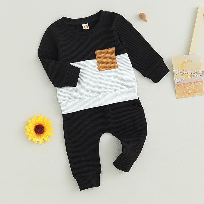 Toddler Baby Boy Fall Clothes Waffle Outfit Long Sleeve Color Blocking - Image 6