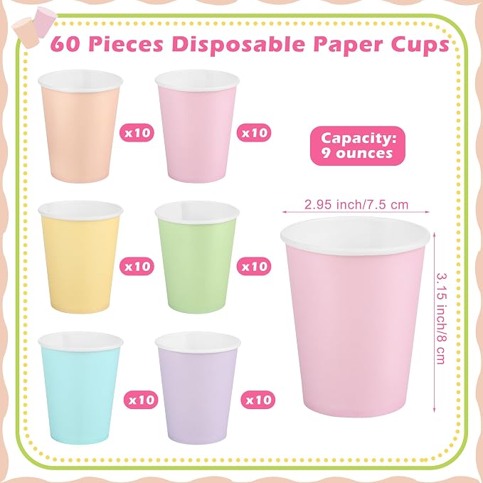 URATOT 60 Pieces 9 Ounce Disposable Paper Cups Pastel Rainbow Party Cups - Image 2