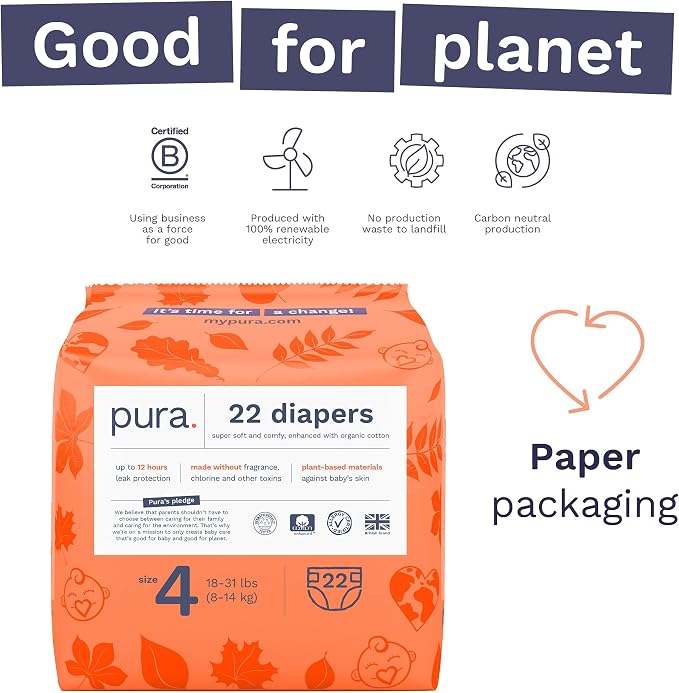 Pura Size 4 Eco-Friendly Diapers Totally Chlorine Free Hypoallergenic, Soft - Image 4
