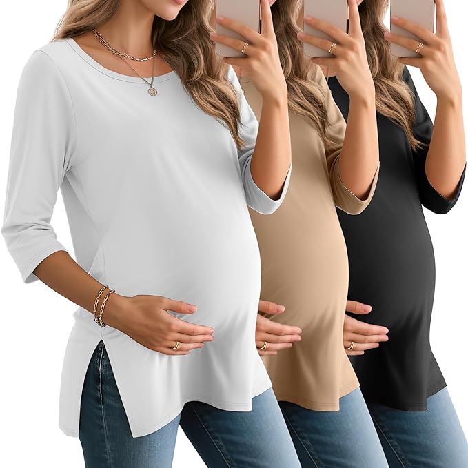 3 Pack Women's 3/4 Sleeve Maternity Shirts Elbow Length Clothes Round Neck by Baggyfly