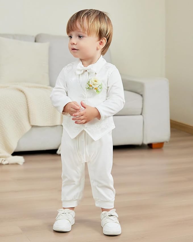 Baby Boy Clothes Gentleman Baby Suit Long Sleeve Romper+Vest+Bow Tie+Corsage - Image 3