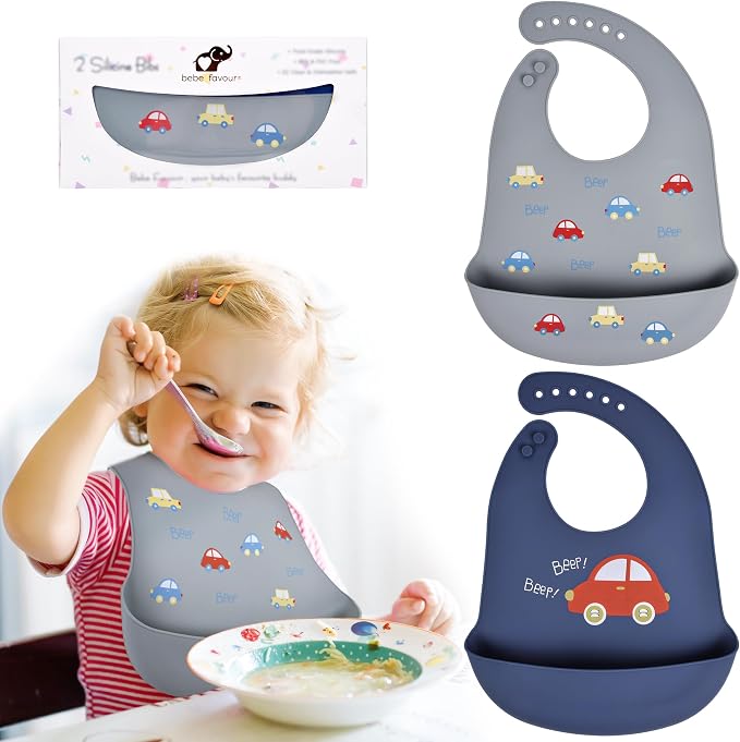 2 Pack Silicone Baby Bibs Adjustable Fit Waterproof Bib by BebeFavour