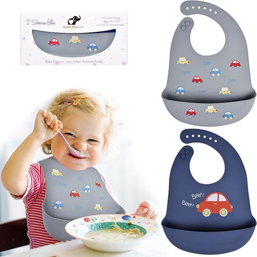 2 Pack Silicone Baby Bibs Adjustable Fit Waterproof Bib by BebeFavour