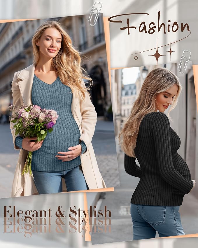 Ficerd 3 Pack Women's Maternity Shirts Ribbed Long Sleeve Pregnancy Tops V Neck - Image 2