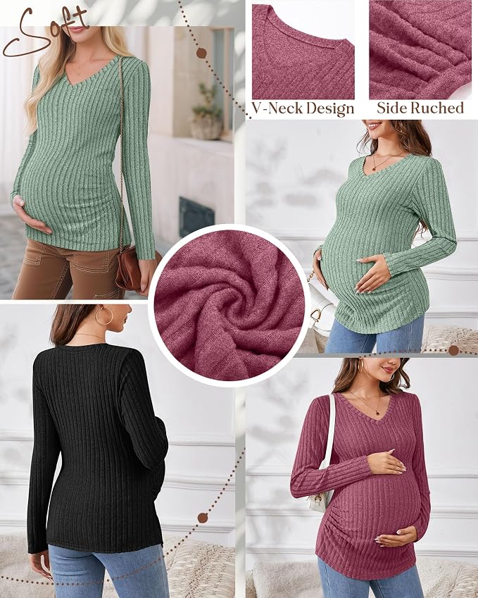 Ficerd 3 Pack Women's Maternity Shirts Ribbed Long Sleeve Pregnancy Tops V Neck - Image 4