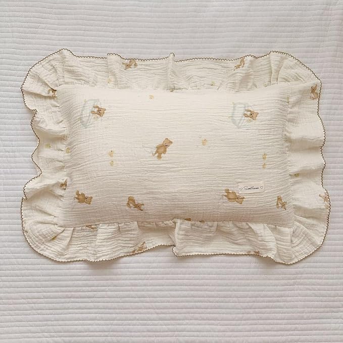 BuLuTu Muslin Cotton Girls Boys Pillow Case Standard Size, Cute Bear Children - Image 2