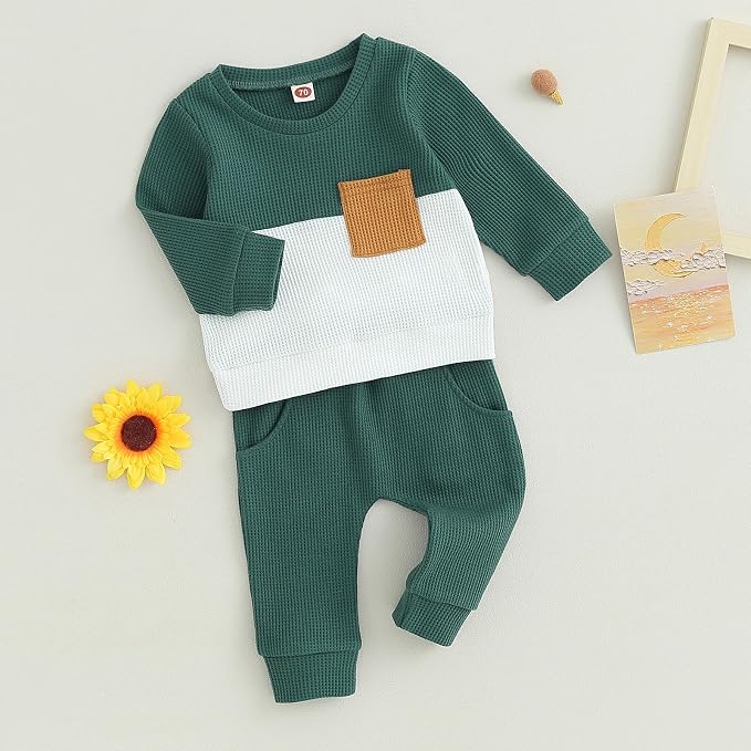 Toddler Baby Boy Fall Clothes Waffle Contrast Color Sweatshirt Pants Sets - Image 3