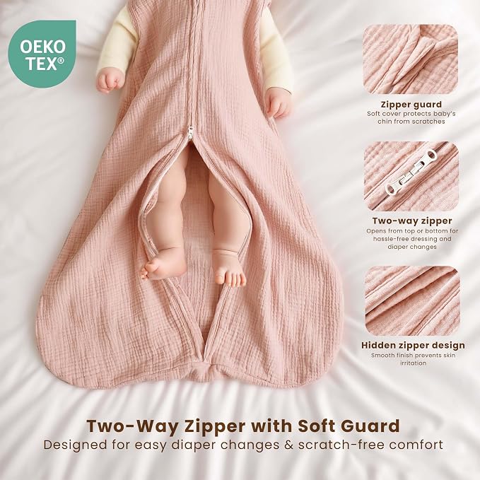 Konssy Muslin Baby Sleep Sack 6-12 Months 0.8 TOG, 2 Pack 100% Cotton Wearable - Image 3