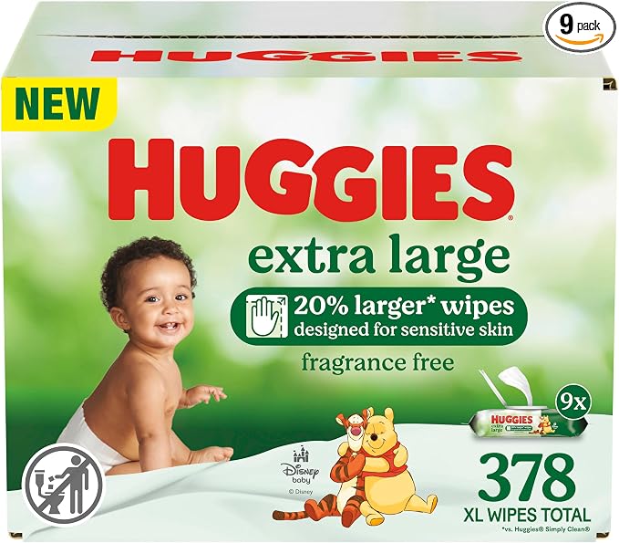 Huggies Extra Large Baby Wipes, 9 Flip-Top Packs, 378 XL Wipes Total, Packaging by Huggies%C2%AE