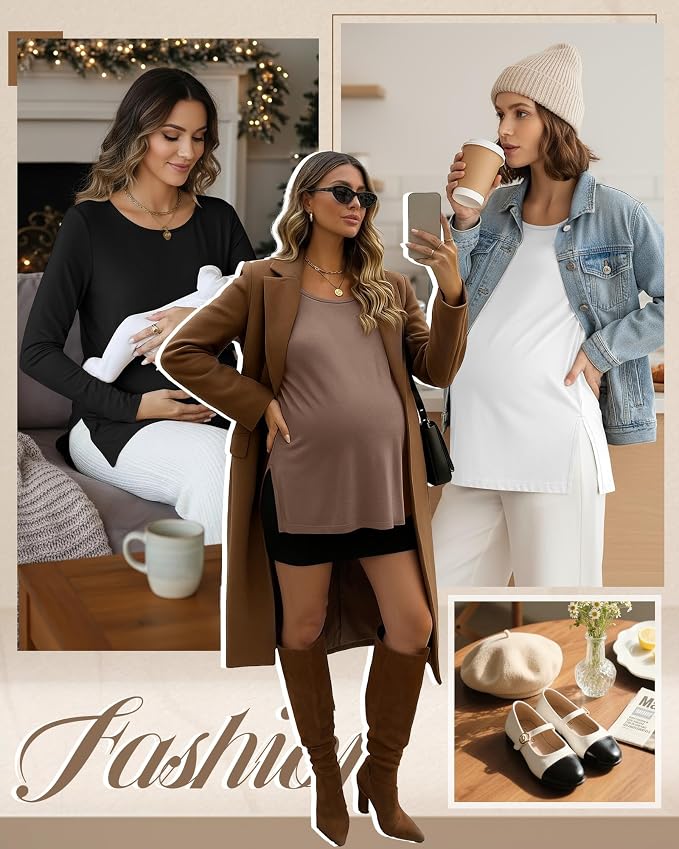 Riyiper 3 Pack Women's Maternity Long Sleeve T-Shirts Round Neck Side Split - Image 2