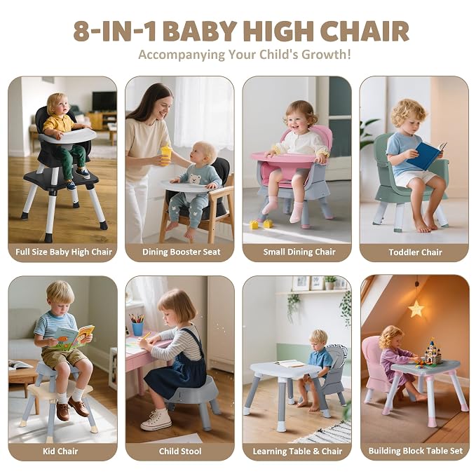 Baby High Chair, 8 in 1 Convertible Highchairs - Image 2