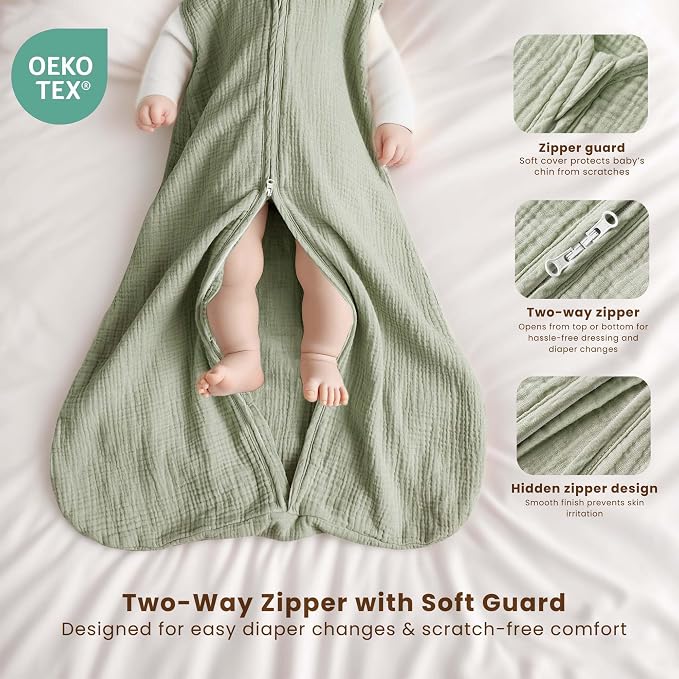 Konssy Muslin Baby Sleep Sack 6-12 Months 0.8 TOG, 2 Pack 100% Cotton Wearable - Image 2