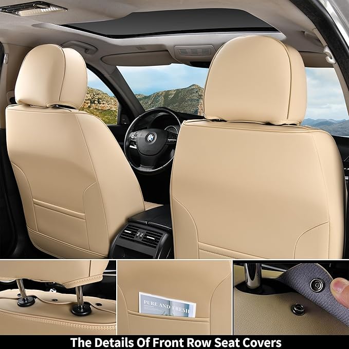 Coverado Beige Nappa Leather Car Seat Covers, Universal Fit Front Seats - Image 2