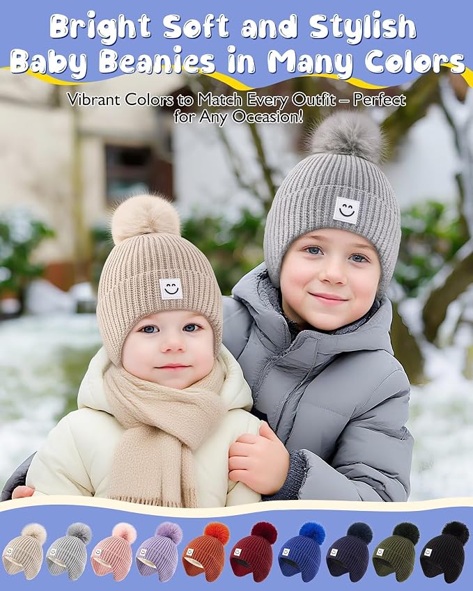 3 Pack Baby Winter Hats with Earflaps, 2 Size Kids Pom Pom Beanie - Image 6