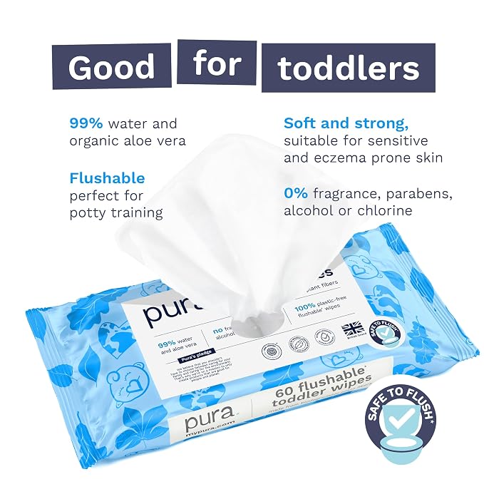 Pura Flushable Toddler Wipes 1 x 60 Wipes, 100% Plastic Free, 99% Water - Image 3