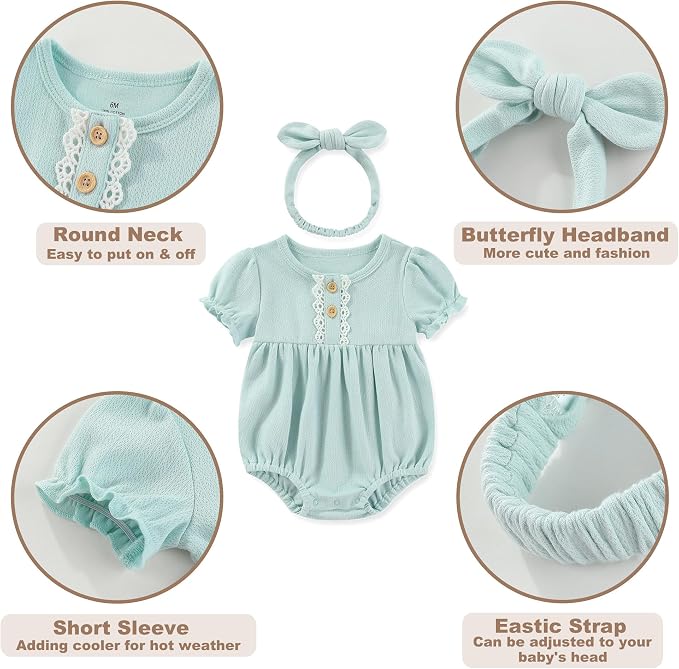 Newborn Baby Girl Clothes Cotton Bubble Romper Floral Short Sleeve Bodysuit 3 - Image 4