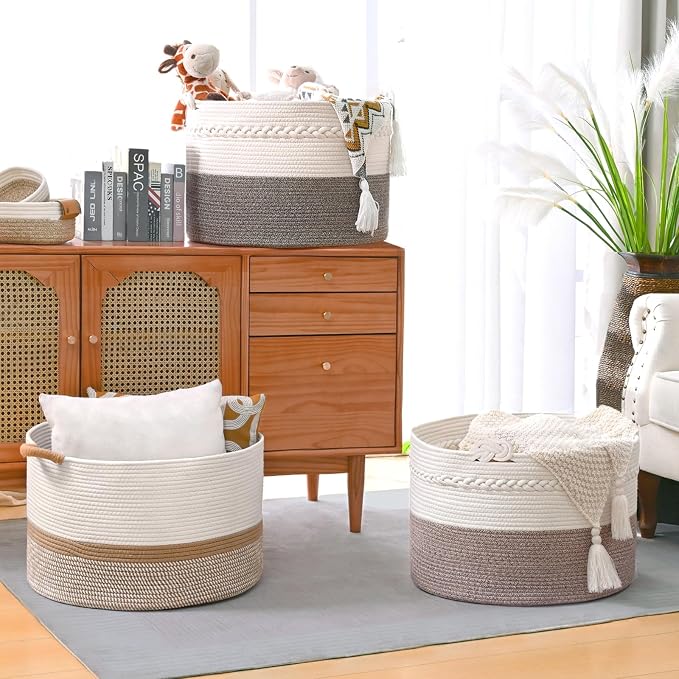 67L Large Blanket Basket, Cotton Rope Blanket Basket Living Room, Baby Laundry - Image 5