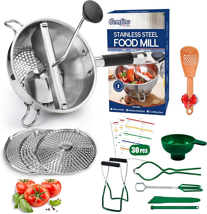Food Mill Stainless Steel With 3 Grinding Discs and Complete Canning Supplies by Gemfino