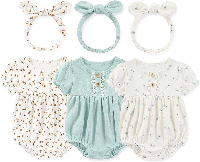 Newborn Baby Girl Clothes Cotton Bubble Romper Floral Short Sleeve Bodysuit 3 by MAMIMAKA