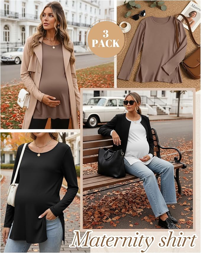 Riyiper 3 Pack Women's Maternity Long Sleeve T-Shirts Round Neck Side Split - Image 4