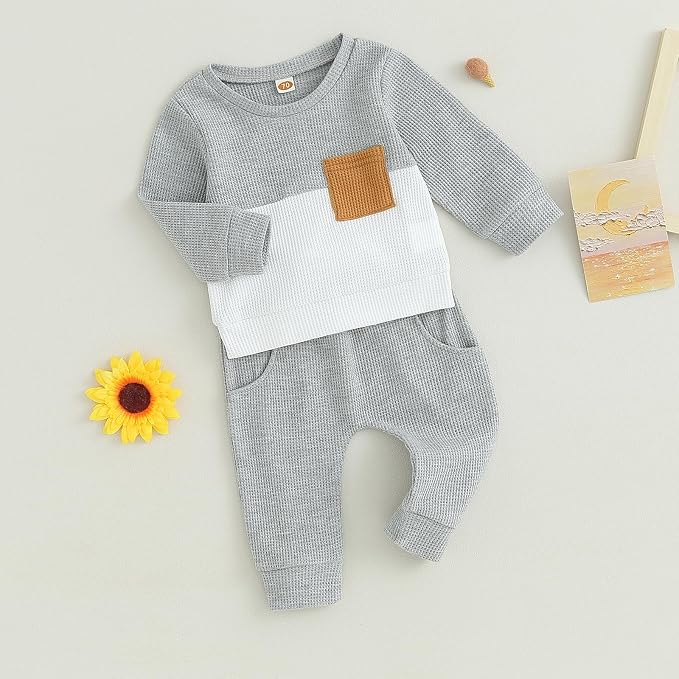 Toddler Baby Boy Fall Clothes Waffle Outfit Long Sleeve Color Blocking - Image 6