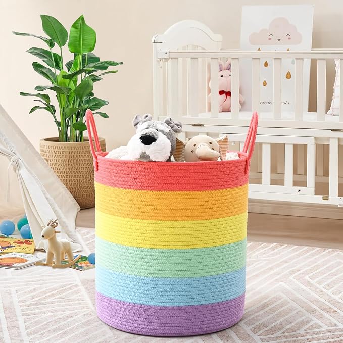 52L Rainbow Storage Basket for Organizing, Cotton Rope Woven Blanket Basket - Image 2