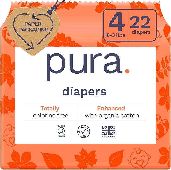 Pura Size 4 Eco-Friendly Diapers Totally Chlorine Free Hypoallergenic, Soft by MyPura