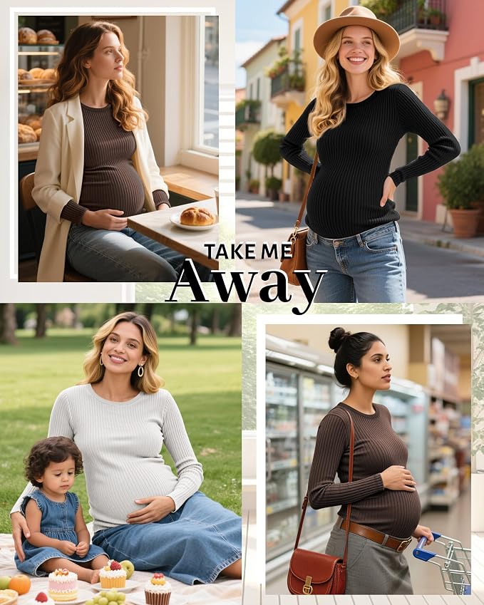 Riyiper 3 Pack Women's Maternity Shirts Long Sleeve Ribbed Knit Pregnancy Tees - Image 5