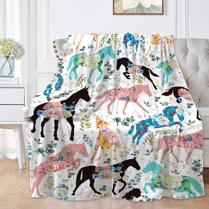 Colorful Floral Horse Blanket for Boys Girls, Flowers Animals Kids Throw by AUSMART