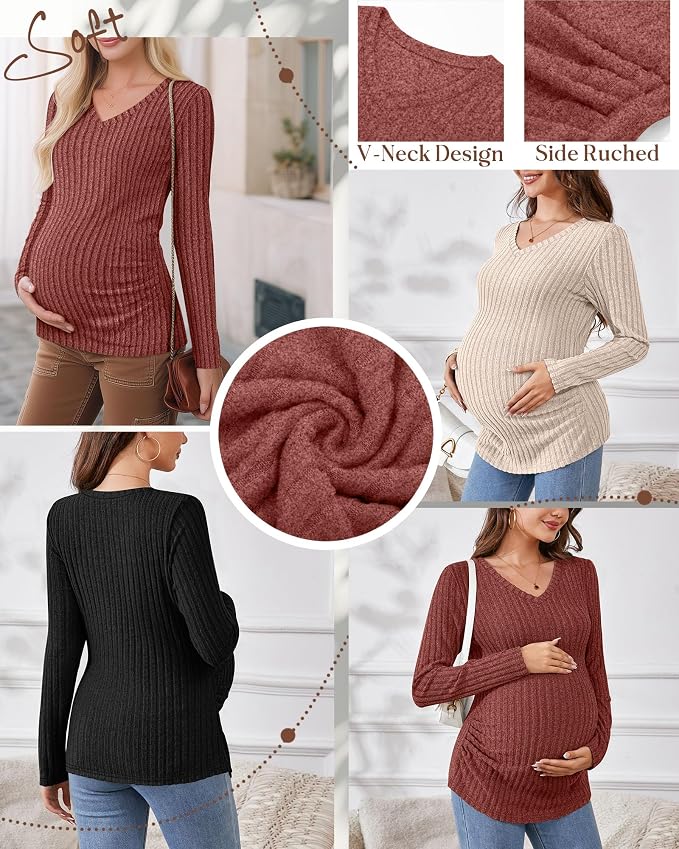 Ficerd 3 Pack Women's Maternity Shirts Ribbed Long Sleeve Pregnancy Tops V Neck - Image 4