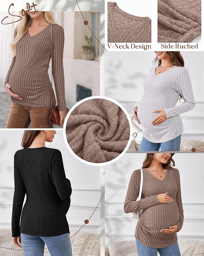 Ficerd 3 Pack Women's Maternity Shirts Ribbed Long Sleeve Pregnancy Tops V Neck - Image 4