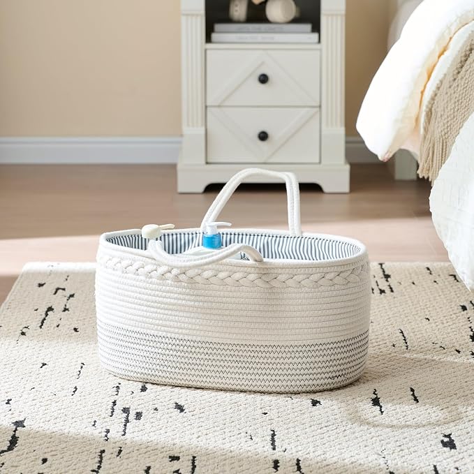 luxury little Diaper Caddy Organizer, Extra Large Cotton Rope Nursery Basket - Image 4