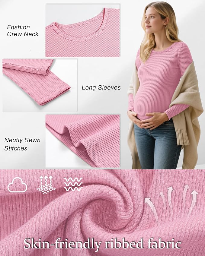 Riyiper 3 Pack Women's Maternity Shirts Long Sleeve Ribbed Knit Pregnancy Tees - Image 3