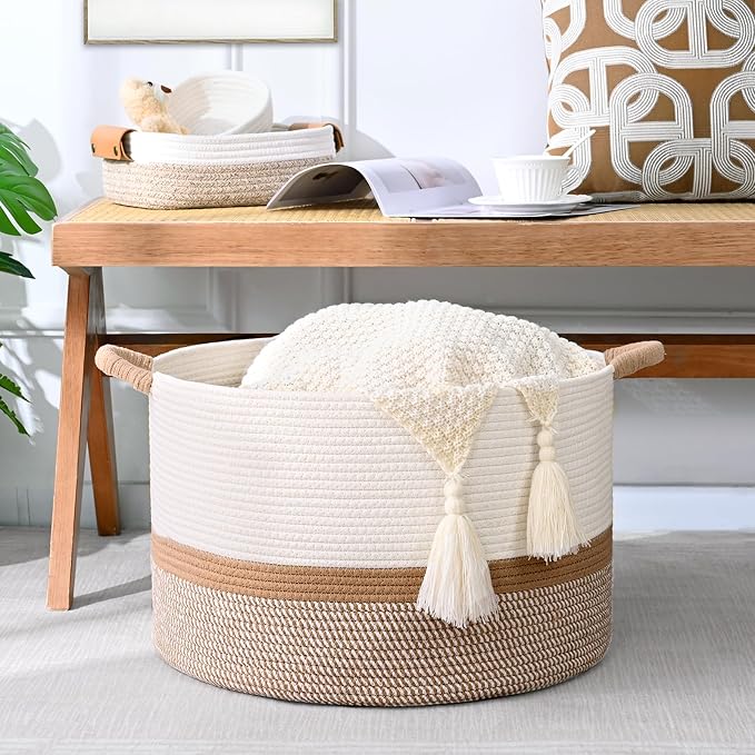 67L Large Blanket Basket, Cotton Rope Blanket Basket Living Room, Baby Laundry - Image 4