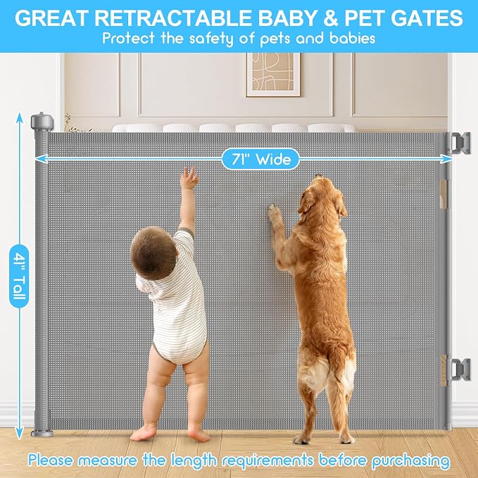 71 Inch Retractable Baby Gates Extra Wide, 41 Inch Reinforced Extra Tall Mesh - Image 2