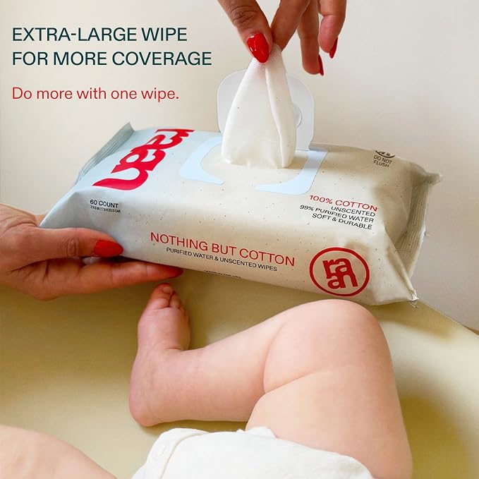Raan, 100% Cotton Baby & Toddler Wipes, Unbleached, 99% Purified Water - Image 6