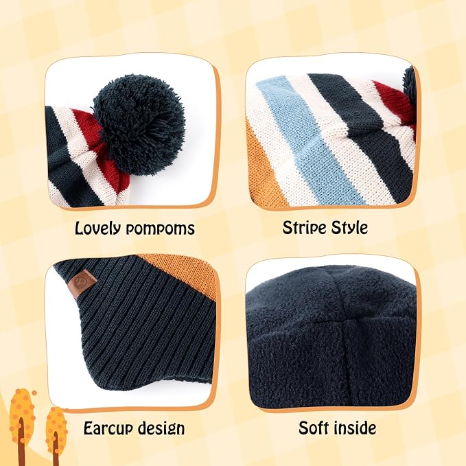 Duoyeree Kids Beanie Hat for Boys Girls Pom-pom Kint Hats Cozy Lining Winter - Image 4