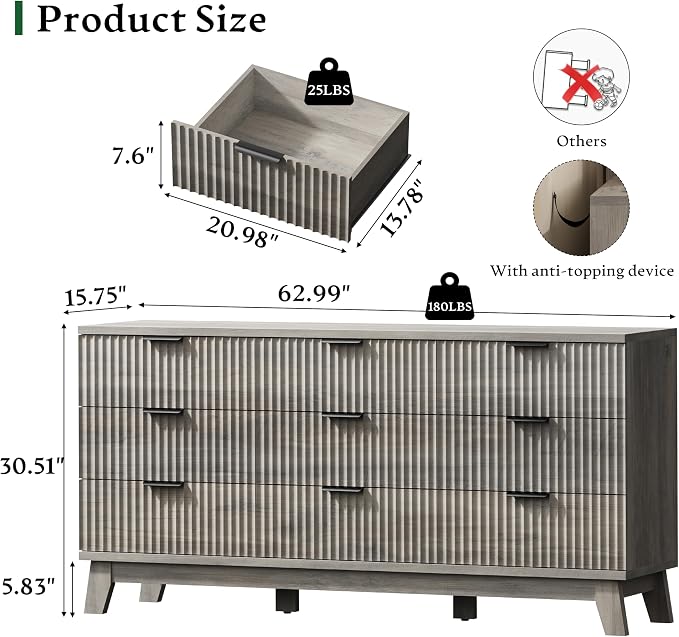 Fluted Dresser with 9 Drawers, Wooden Dresser TV Stand, Modern Closet Clothes - Image 2