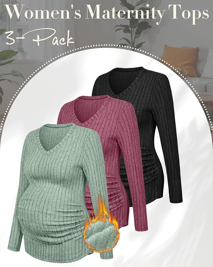 Ficerd 3 Pack Women's Maternity Shirts Ribbed Long Sleeve Pregnancy Tops V Neck - Image 3