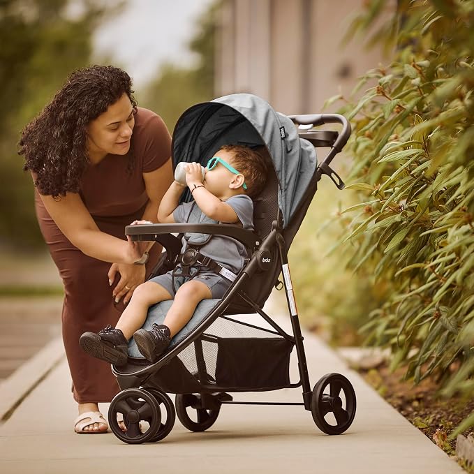 Evolur Breeze Stroller in Grey, Adjustable Backrest & Canopy, Compact Fold - Image 2