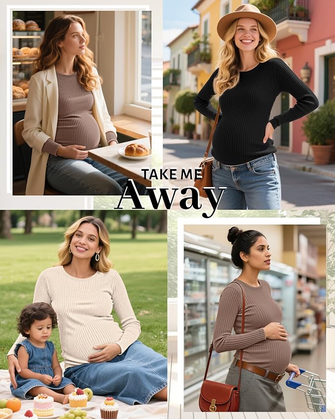 Riyiper 3 Pack Women's Maternity Shirts Long Sleeve Ribbed Knit Pregnancy Tees - Image 5