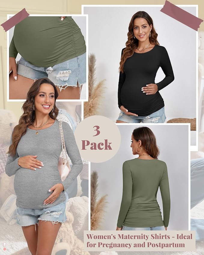 Ficerd 3 Pack Women's Maternity Shirts, Long Sleeve Side Ruched Pregnancy Tee - Image 3
