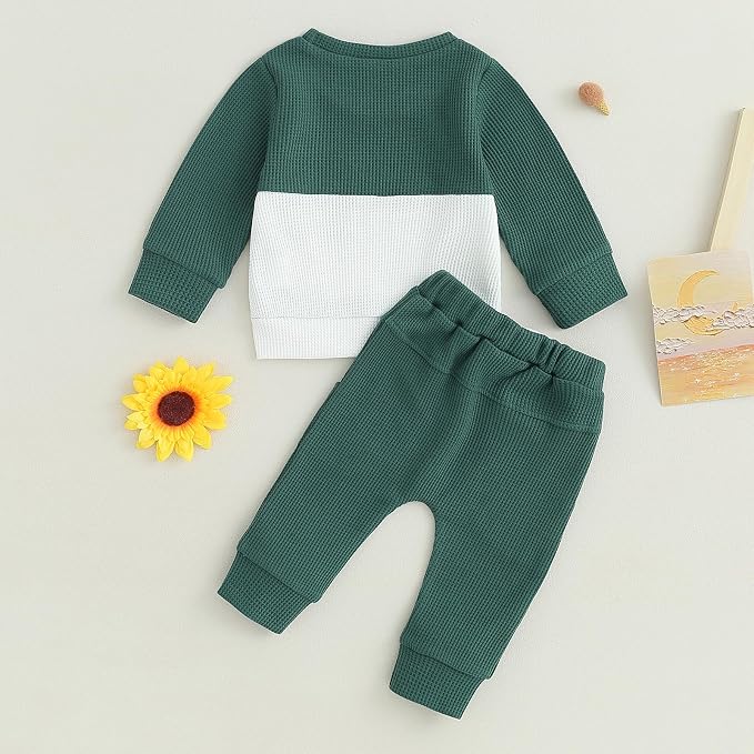 Toddler Baby Boy Fall Clothes Waffle Contrast Color Sweatshirt Pants Sets - Image 4