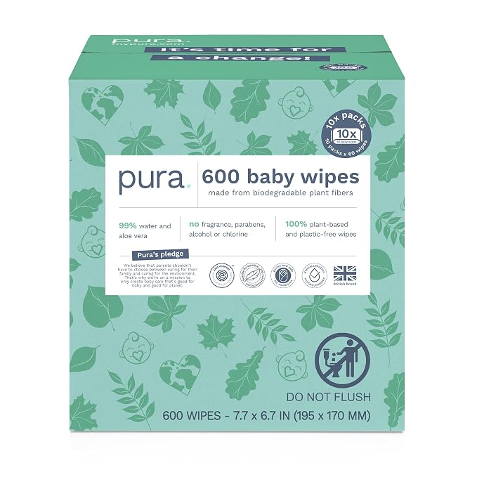 Pura Natural Sensitive Baby Wipes, 99% Water, Unscented & Hypoallergenic by MyPura