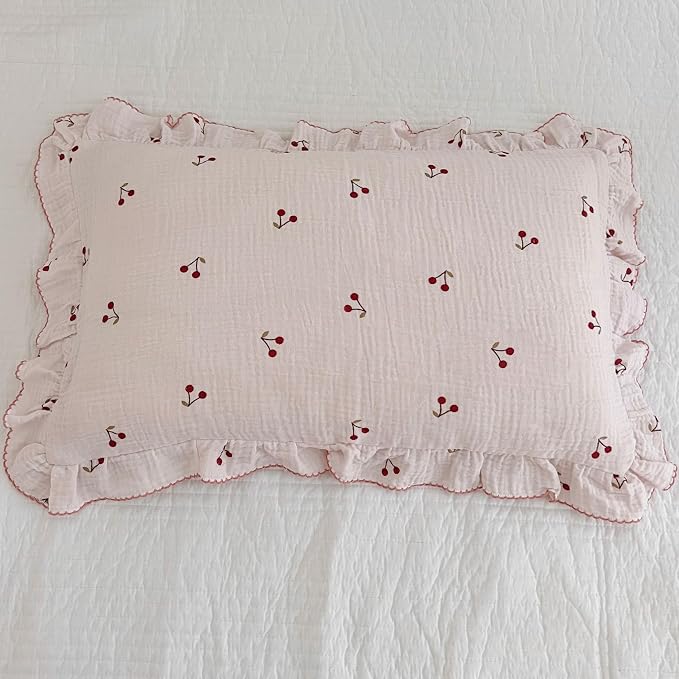BuLuTu Cotton Muslin Ruffle Edge Kids Toddler Pillowcase Standard, Cherry - Image 3