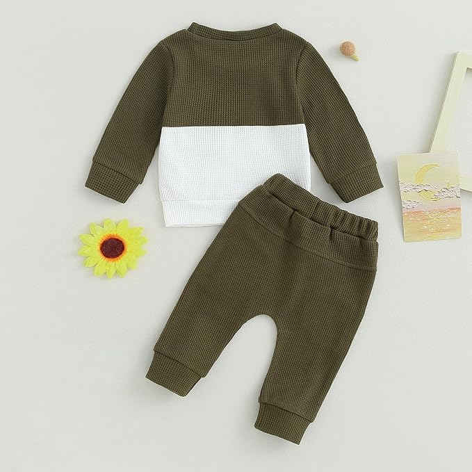 Toddler Baby Boy Fall Clothes Waffle Contrast Color Sweatshirt Pants Sets - Image 4