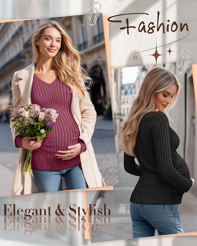 Ficerd 3 Pack Women's Maternity Shirts Ribbed Long Sleeve Pregnancy Tops V Neck - Image 2